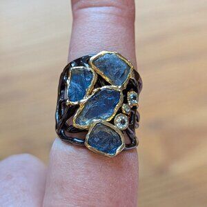 RING AAA Rough Blue Sapphire with Topaz accents 925 Size 9